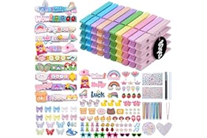 Sopito 80pcs Cheer Pins Spirit Clips Kit with Multiple Charms & DIY Accessories, Wooden Clothes Pins Craft Set for Backpacks Decorations, Cheerleaders, Team Present (2.9 Inch, Macaron Colors)