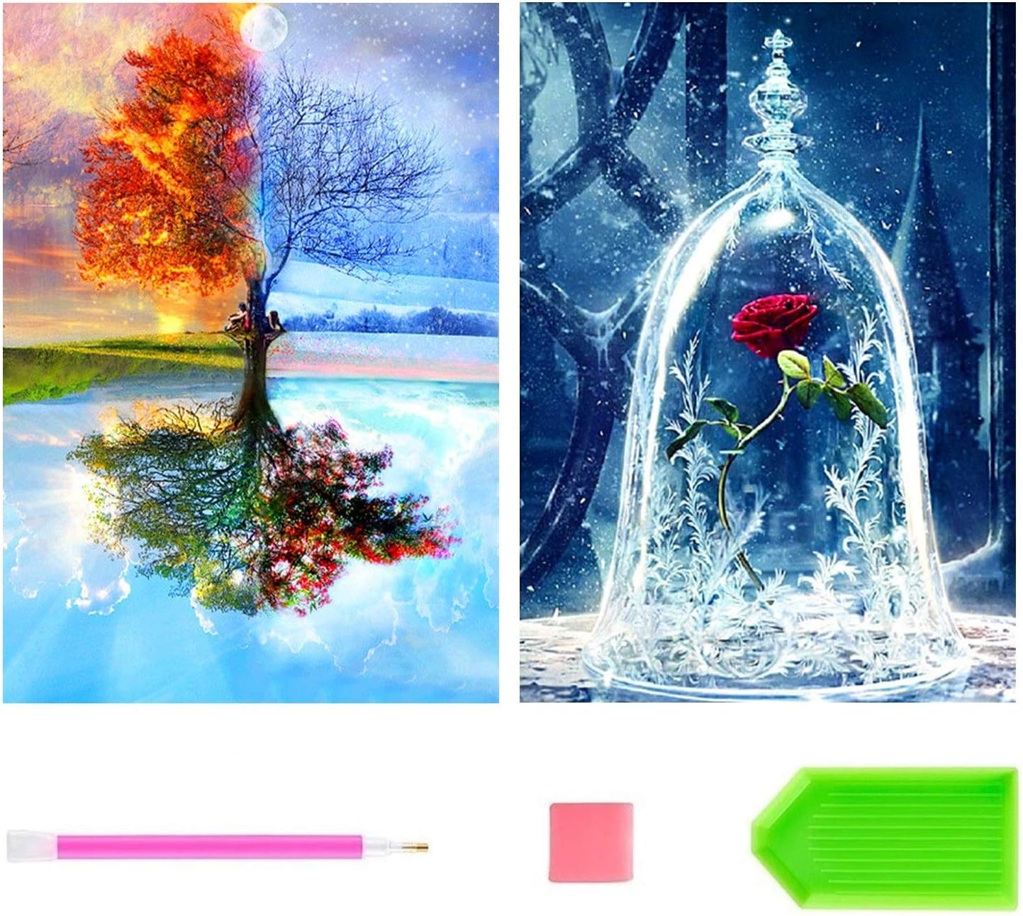 Diamond Painting, 2 Pack DIY Paint with Diamonds Full Drill, 5D Diamond Painting Kits for Adults, Four Seasons Tree & Rose Painting with Diamonds for Home Wall Decor by Number Kits (12X16inch)