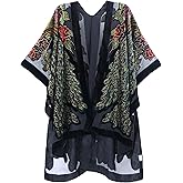 BohemyanRace Women's Coverups Burnt-Out Velvet Cardigan Casual Outfit Long Cover Up Velvet Kimono