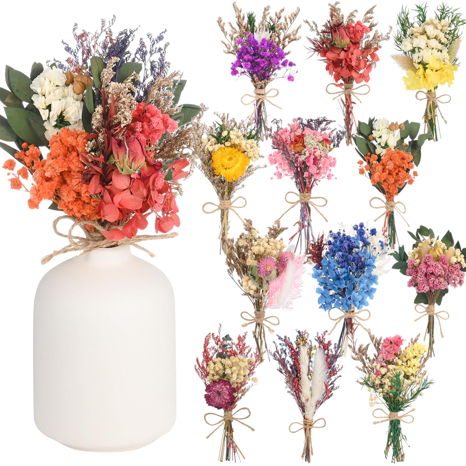 Photo 1 of 12 Pack Dried Flower Bouquet Various Series Natural Dried Wildflowers Spring Flower Summer Flowers with Stems Mini Multi-Colored Dry Flower for Vase, Resin Crafts, Home and Office Decor,Boho Wedding