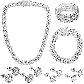 Tiamon 7 Pcs Cuban Link Chain Jewelry Set with Silver Rhinestone Necklace Bracelet Bling Stud Earrings Stretch Ring for Women Men Halloween Punk