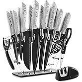 Keewah 19 Pieces Kitchen Knife Set, 15 Stainless Steel Knives with Wood Texture Handle, Acrylic Stand, Scissors, Peeler and Knife Sharpener