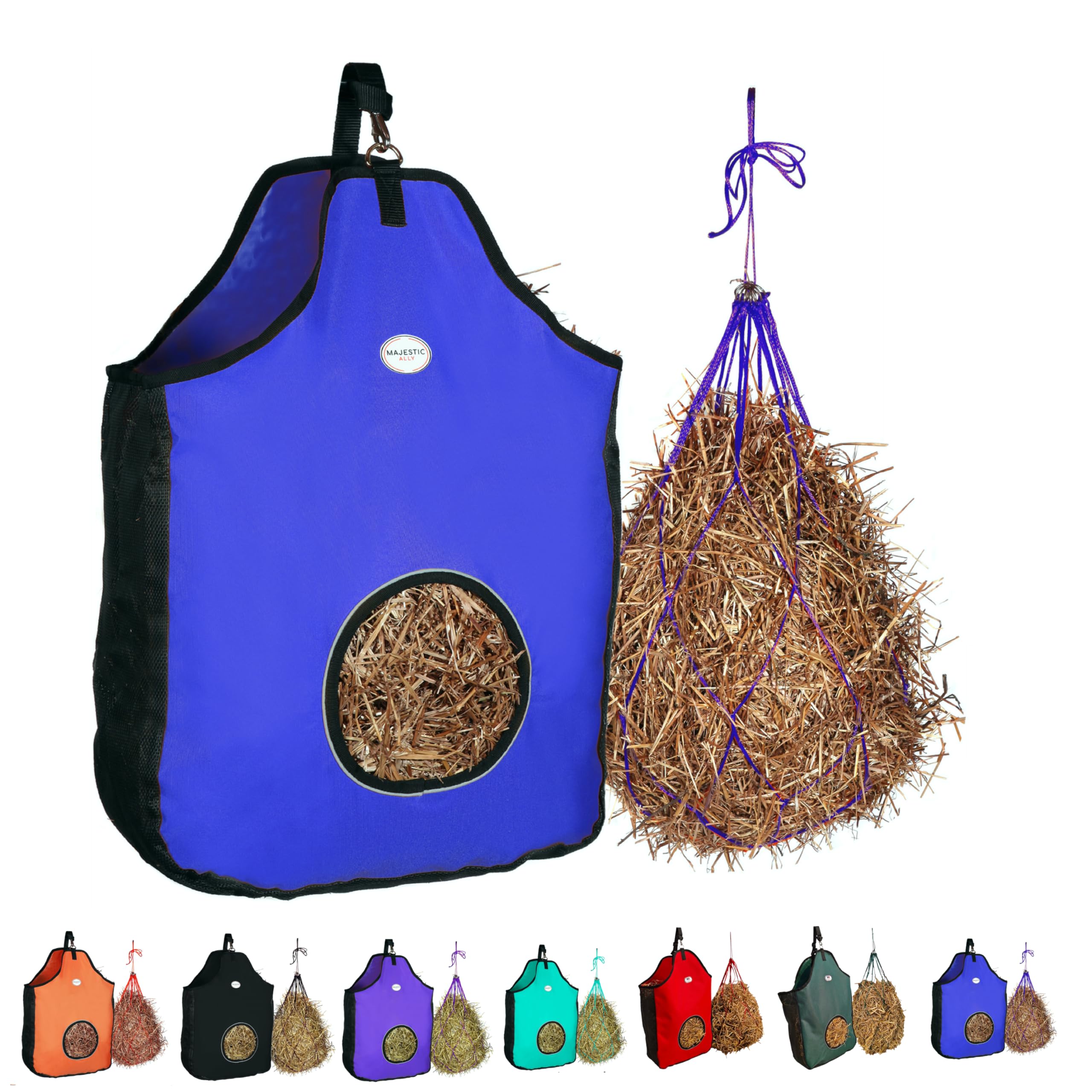 Majestic Ally 1200 D Hay Feeder Tote Bag for Horses, Sheep with Reflective Trim- Reduces Waste - Comes with 36” Hay Net (Royal Blue) — image 1