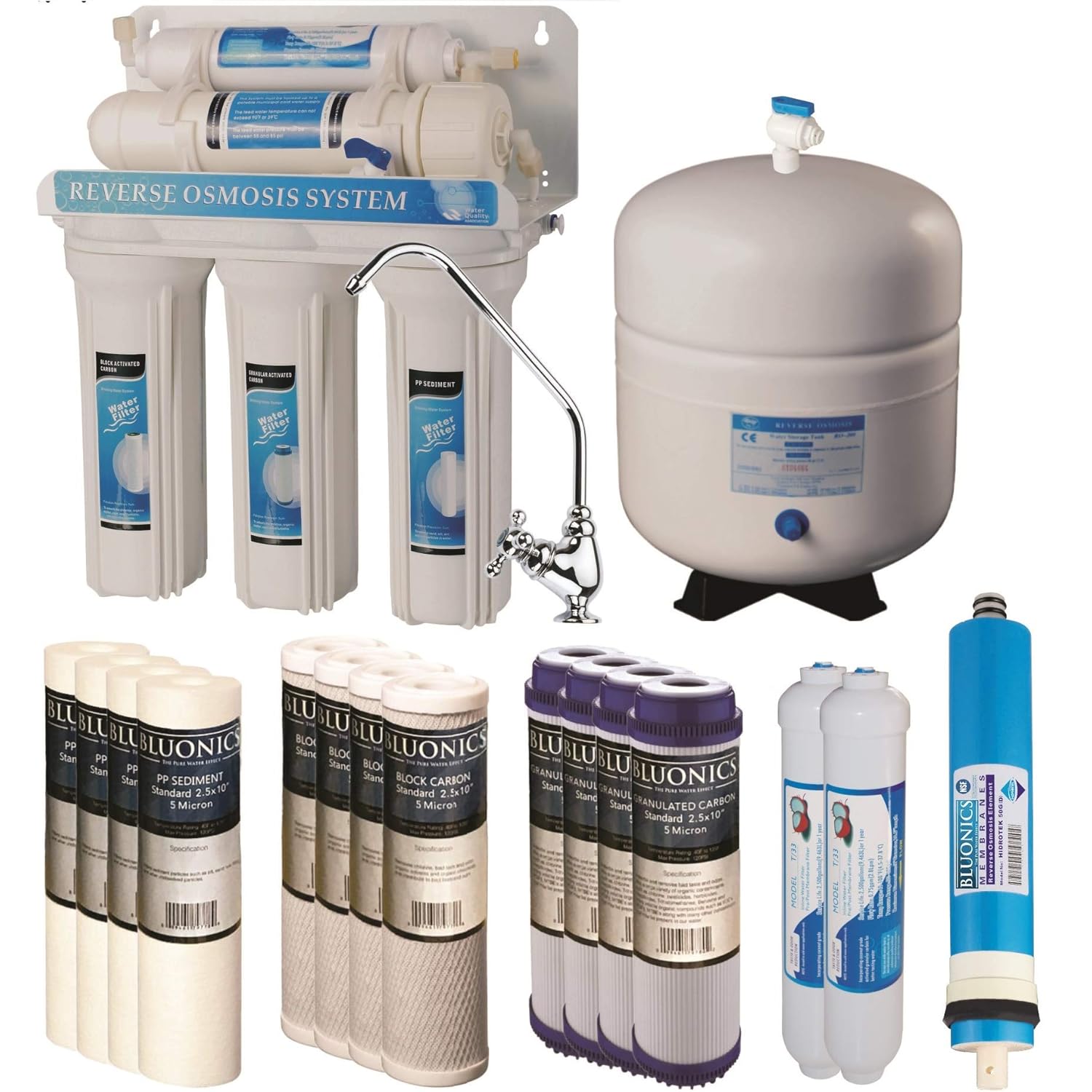 Bluonics 5 Stage Undersink Reverse Osmosis Drinking Water Filter System RO Home Purifier with NSF Certified Membrane with 4 years of Filter Supply - 15 total Filters