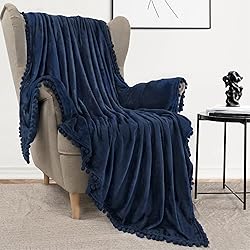 PAVILIA Navy Blue Throw Blanket Pom Pom for