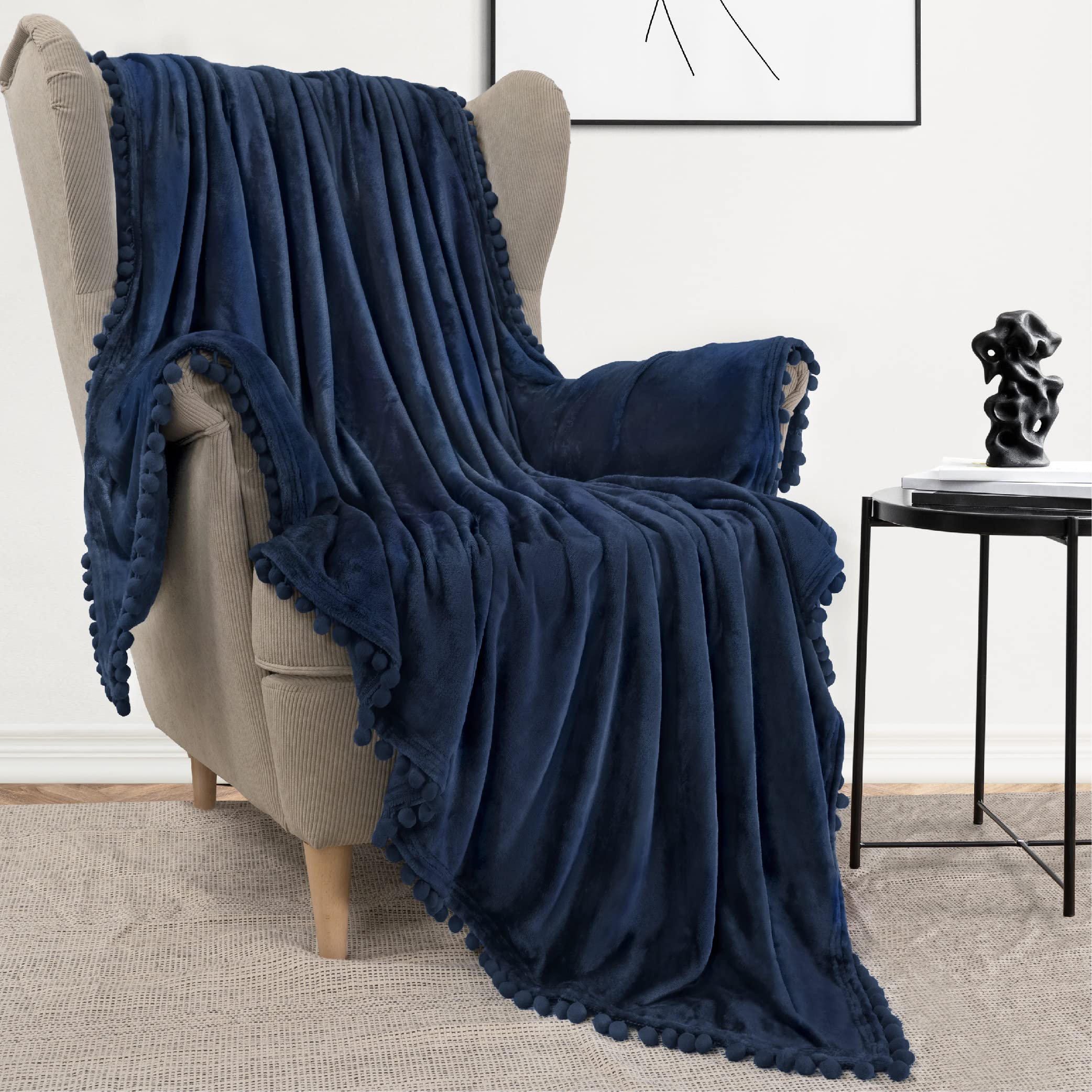 PAVILIA Navy Blue Throw Blanket Pom Pom for