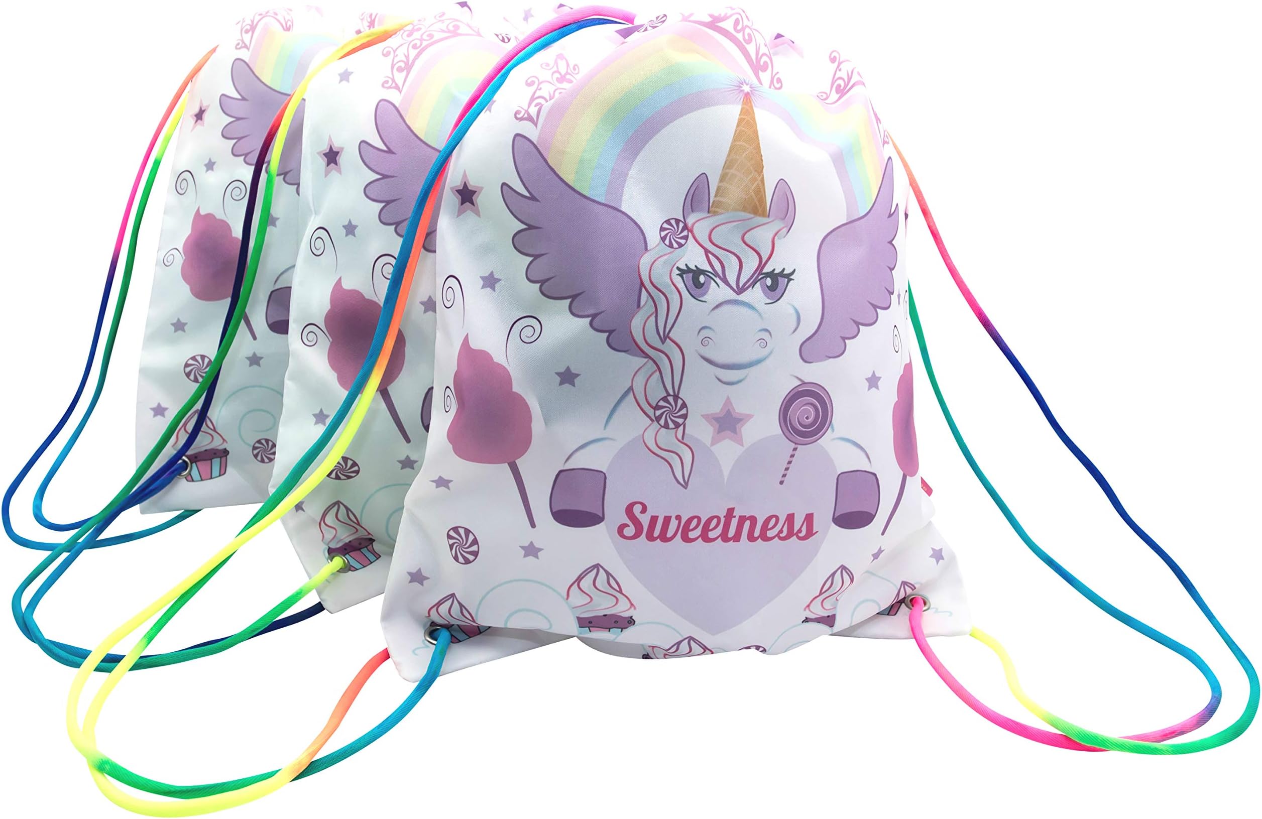 CandyJane 3-PACK Sweetness The Unicorn Drawstring bags backpacks with Rainbow Strap and NO RIP Fabric, Birthday Party Favor Bags, Overnight Bags, Trick Or Treat Bags, Unicorn Party-Girls, Baby, Kids