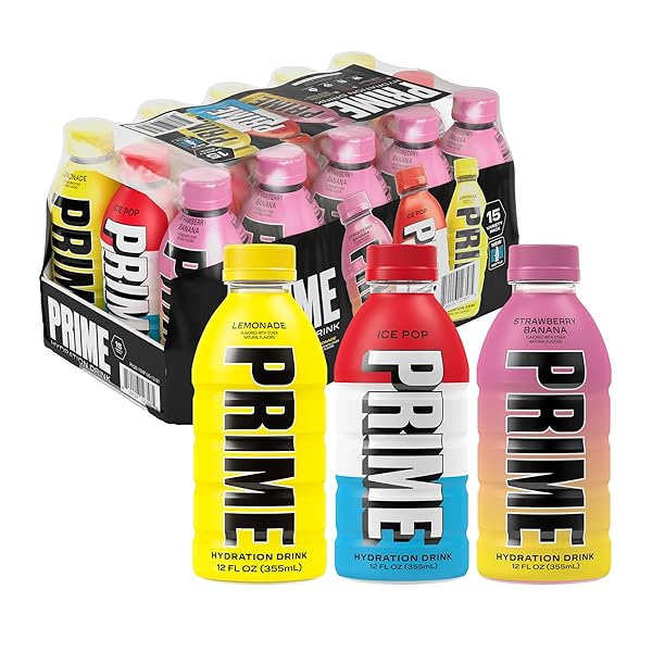 PRIME HYDRATION VARIETY – ICE POP, STRAWBERRY BANANA, LEMONADE, SPORTS DRINKS, ELECTROLYTE ENHANCED FOR ULTIMATE HYDRATION, 250MG BCAAS, B VITAMINS, ANTIOXIDANTS, LOW SUGAR, 12 FL OZ, 15 PACK
