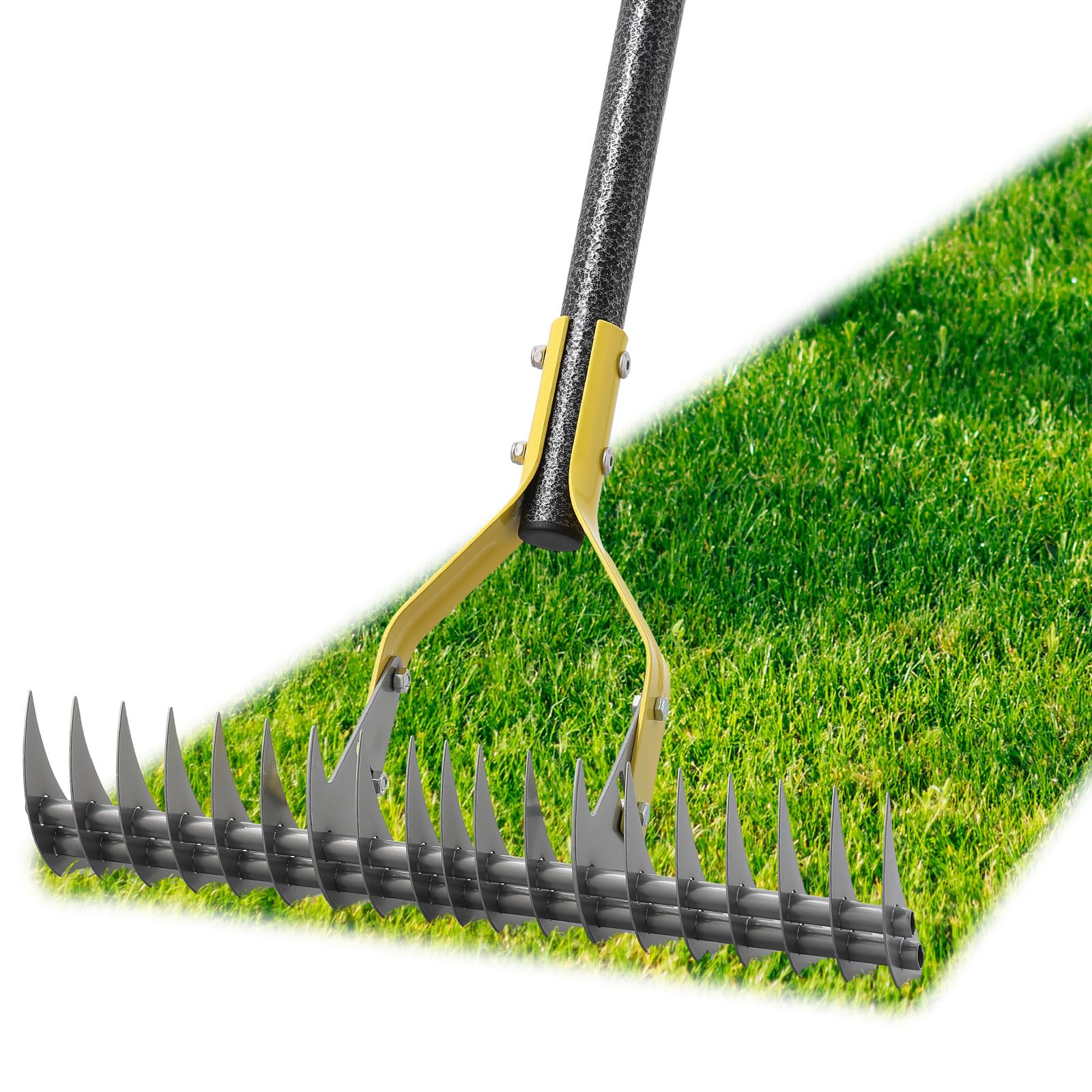Photo 1 of Thatch Rake, 19-Tine Lawn Leveling Dethatcher Rake with Long Adjustable Steel Metal Handle, 70" Gardening Tools for Loosen The Soil,Laying Sod, Removing Thatch and Cleaning Leaves