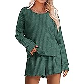 ANRABESS Women's 2 Piece Lounge Pajama Sets Casual Ribbed Long Sleeve Top Matching Shorts Sleepwear PJ Set 2025 Fall Outfits