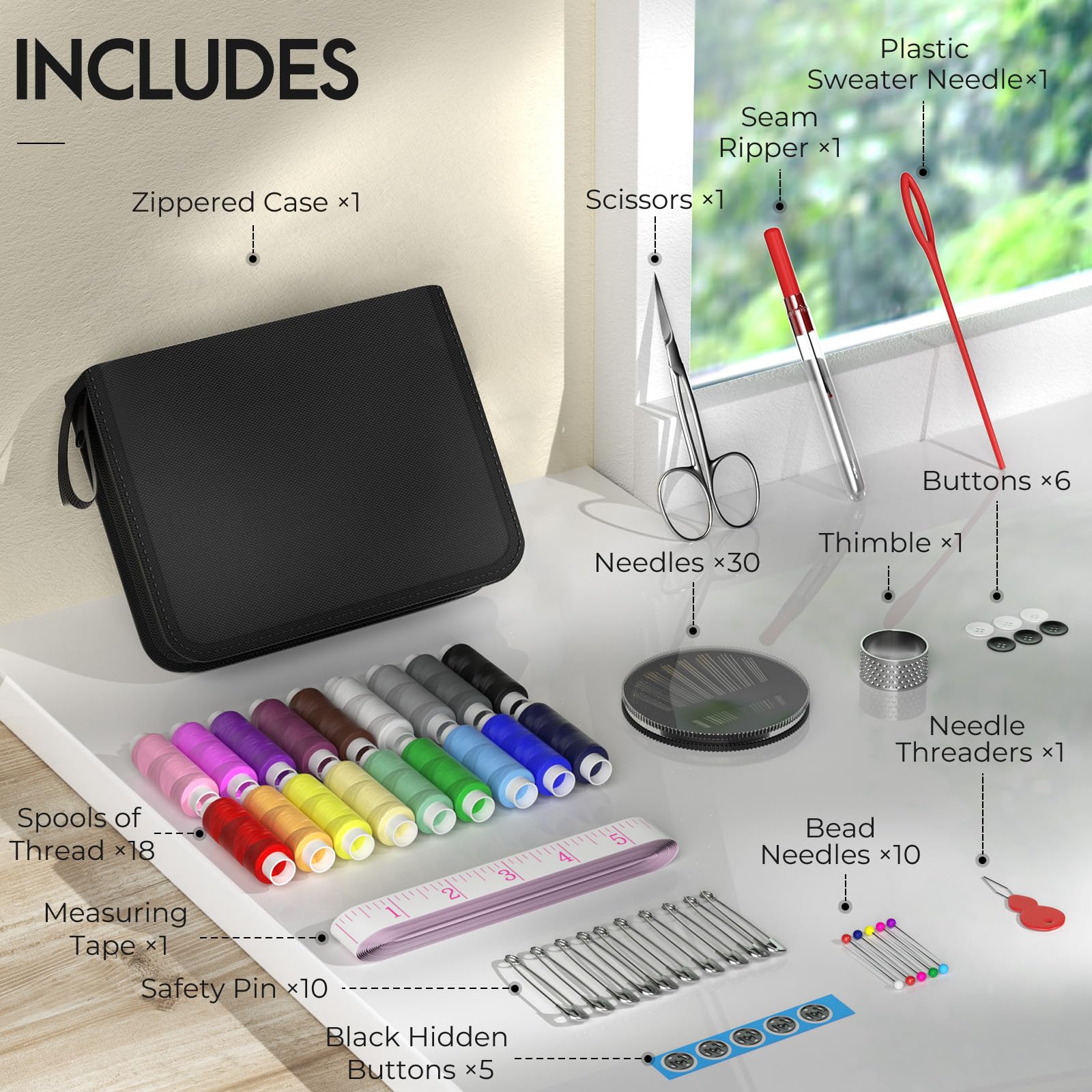 Coquimbo Sewing Kit Christmas Stocking Stuffers White Elephant Gifts for Adults Teen Girls Mom Grandma Beginner Traveler, Portable Sewing Supplies Accessories with Thread, Needles, Scissors (Black, M)