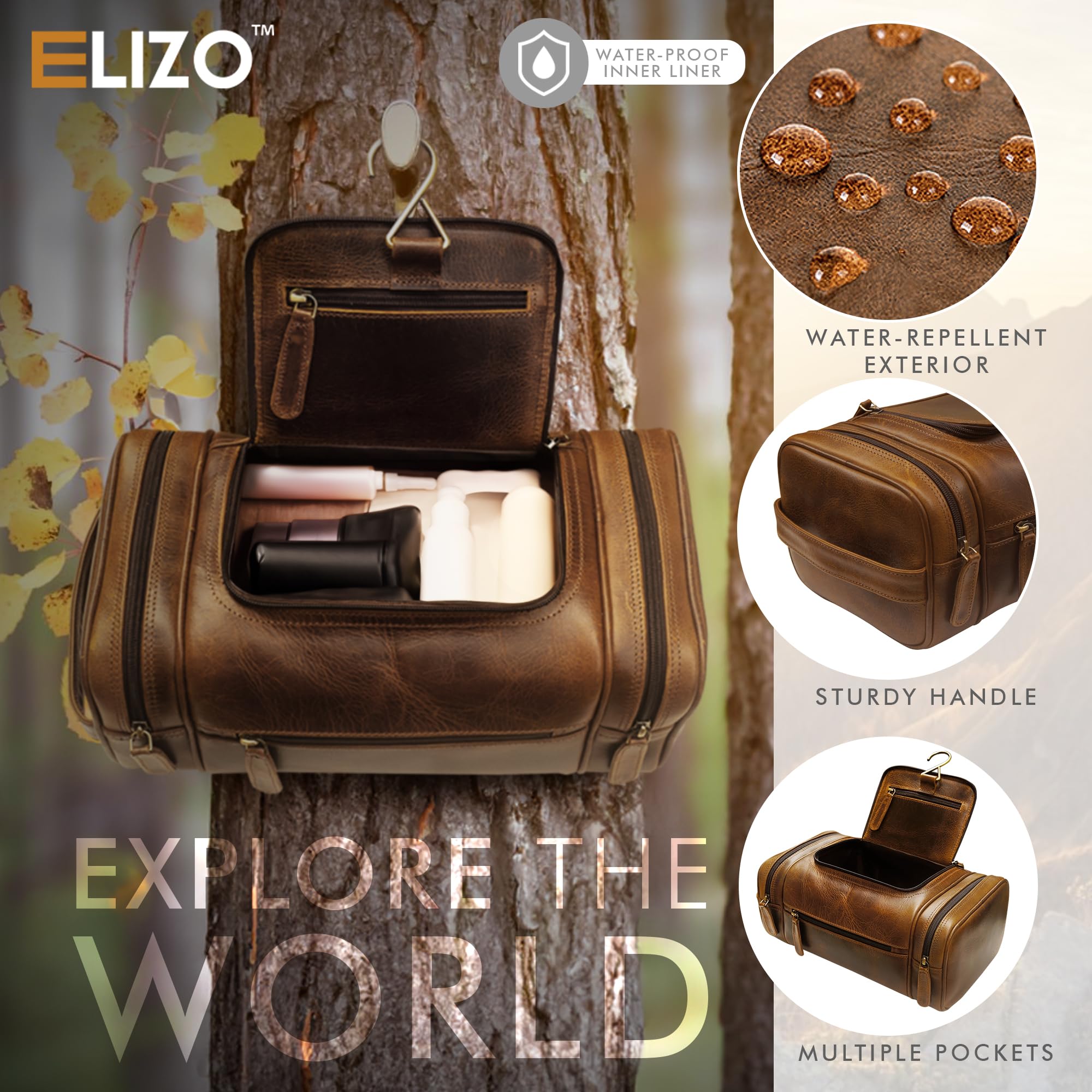 ELIZO Leather Toiletry Bag - Dopp Kit for Men & Women | Large Travel Bag | Waterproof Lining | Hanging Bathroom Organizer | Multiple Pockets, Sturdy Handle | Shaving & Grooming Kit