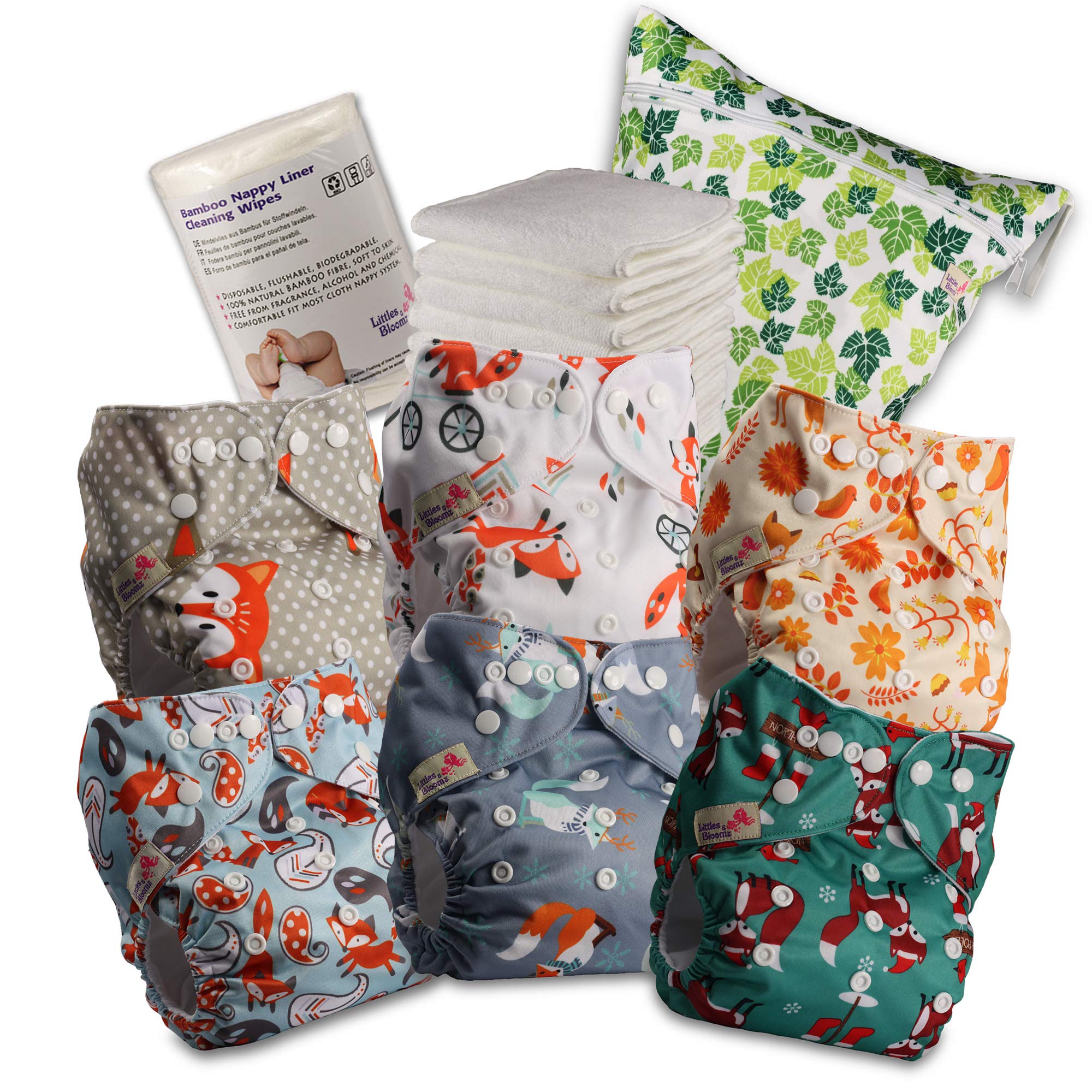Littles and Bloomz Baby Reusable Pocket Nappy Cloth Diaper, Standard Popper, 6 Nappies + 6 Inserts, 1 Disposable Bamboo Liner, 1 Wet Nappy Bag, 614PM6