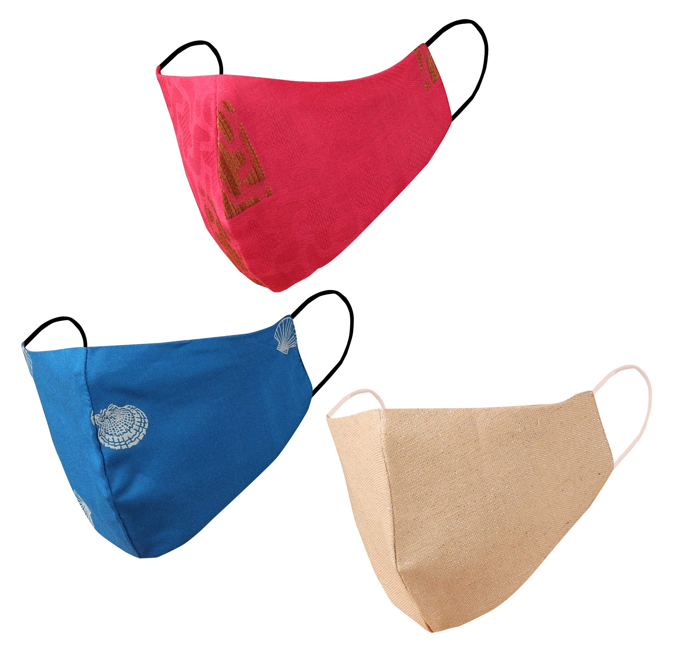 Touchstone Indian Heritage Fabric Small Size Face Masks Reusable Machine Washable Handcrafted Cotton Double Layer for women. (Pack of 3). Pink Blue Beige — image 1