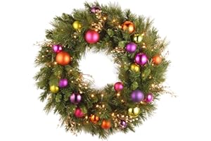 National Tree Company Pre-Lit Artificial Christmas Wreath, Green, Kaleidoscope, White Lights, Decorated with Berry Clusters, Ball Ornaments, Christmas Collection, 30 Inches