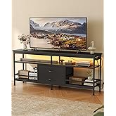 Lazzanto 63 Inch TV Stand, Entertainment Center for 55 to 75 Inch TVs with LED Lights & Removable Charging Station, Modern Media Console Table with Open Storage Shelves & Fabric Drawers, Black