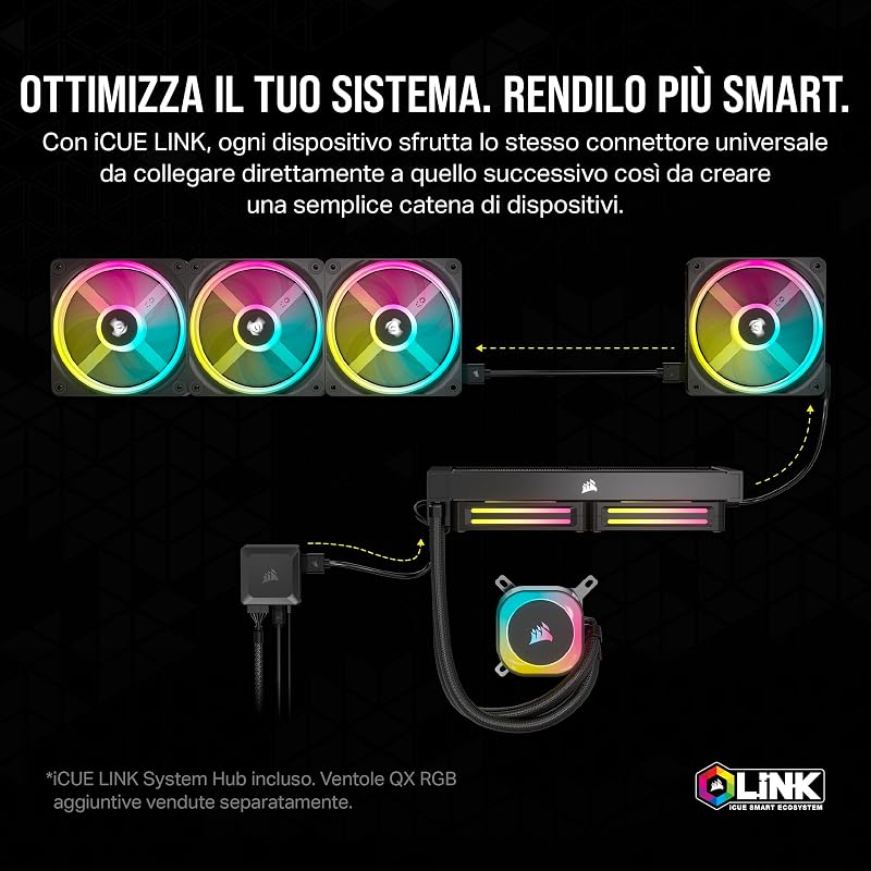 iCUE Link H115i RGB Dissipatore a Liquido per CPU - AIO da 280 mm - Ventole RGB QX140 - Compatibile con Intel LGA 1700, AMD AM5 - Hub di Sistema iCUE Link Incluso - Nero