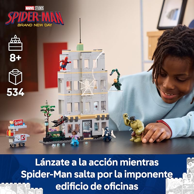 | Marvel Spider-Man vs. Hulk: Choque Épico - Juguete Interactivo con Oficina de 4 Plantas, Figura de Acción de Superhéroe, 5 Minifiguras Inc. Escorpión - Regalo para Niños de 8+ Años - 76350