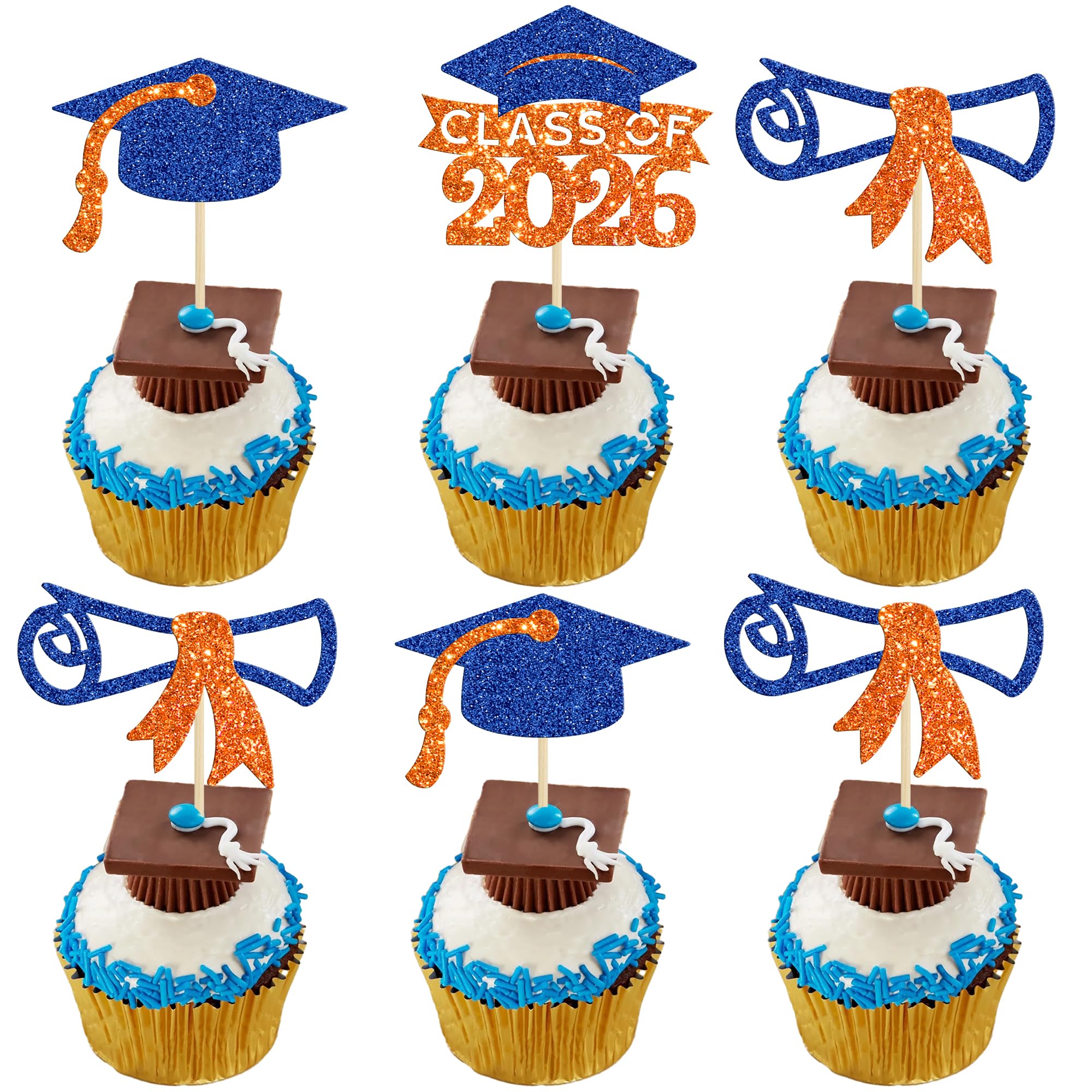 Gyufise 24Pcs Class of 2026 Graduation Cupcake Toppers Glitter Diploma 2026 Graduation Cap Cupcake Picks for 2026 Grad Theme Party Cake Decorations Supplies Orange Blue