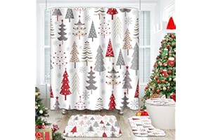 ArtSocket 4 Pcs Shower Curtain Set Christmas Trees Red Doodle Holly with Non-Slip Rugs Toilet Lid Cover and Bath Mat Bathroom Decor Set 72" x 72"