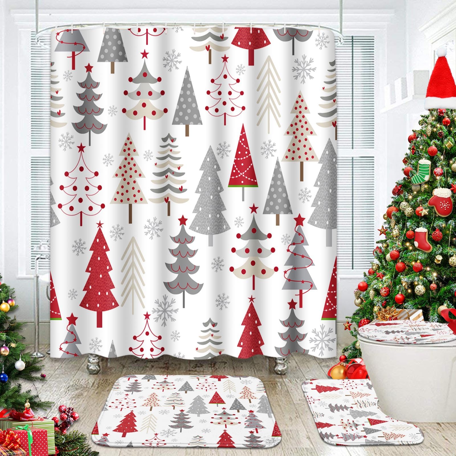 Photo 1 of ***COLOR FADING*** ArtSocket 4 Pcs Shower Curtain Set Christmas Trees Red Doodle Holly with Non-Slip Rugs Toilet Lid Cover and Bath Mat Bathroom Decor Set 72" x 72"