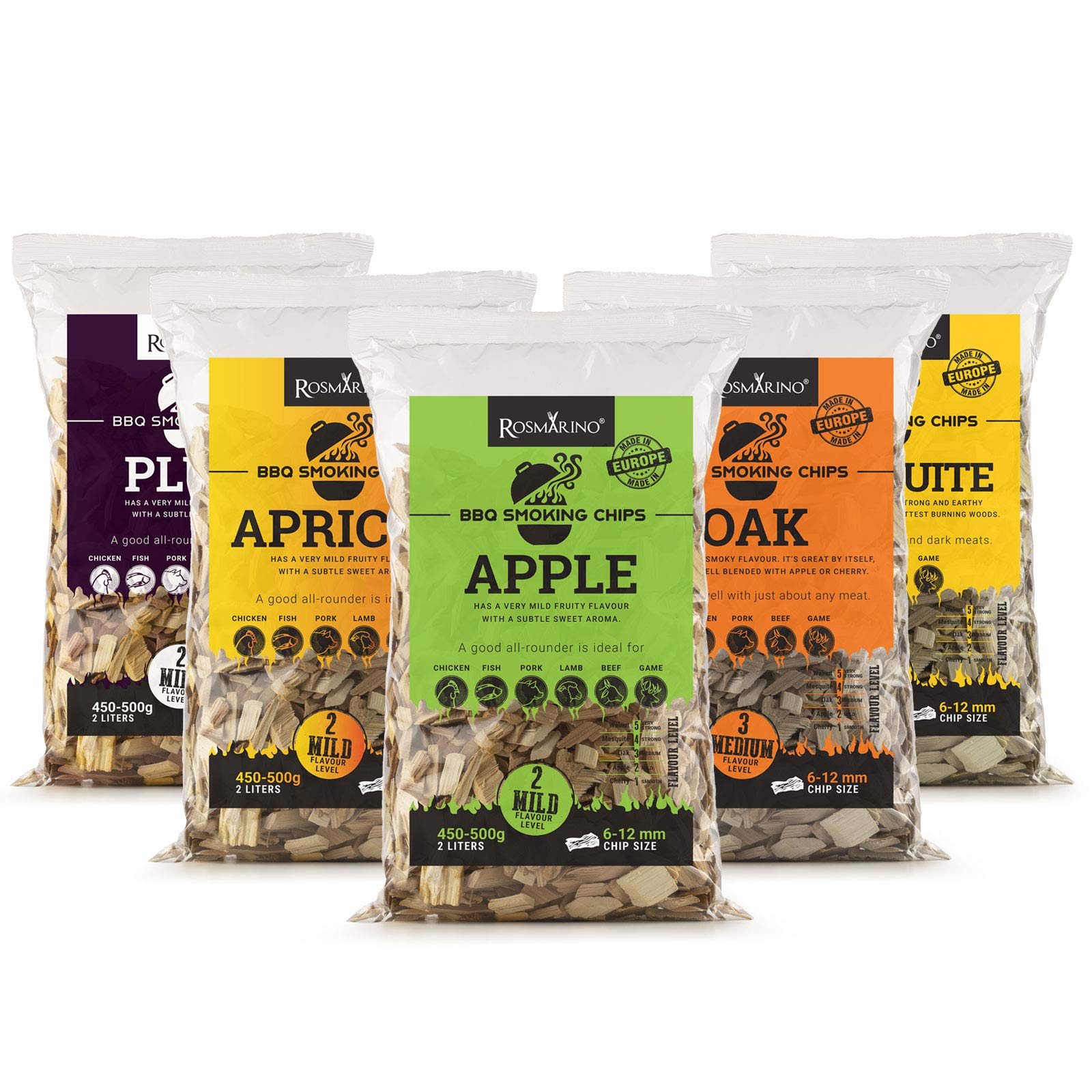 ROSMARINO Smoking Wood Chips 5 PACK - EBook with amazing BBQ Recipes Included - 100% Natural Wood Chips from Europe