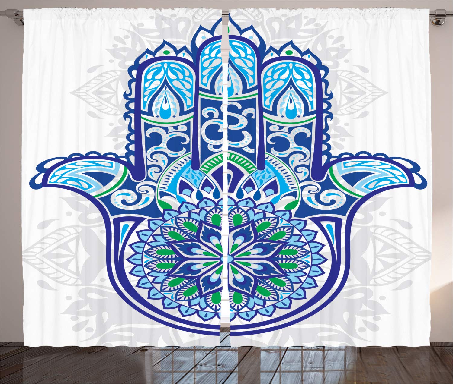 ABAKUHAUS Hamsa Curtains, Large Hamsa Hand with Ornamental Flower and Petal Folkloric, Living Room Bedroom Window Drapes 2 Panel Set, 69 L X 110 W, Blue Turquoise White