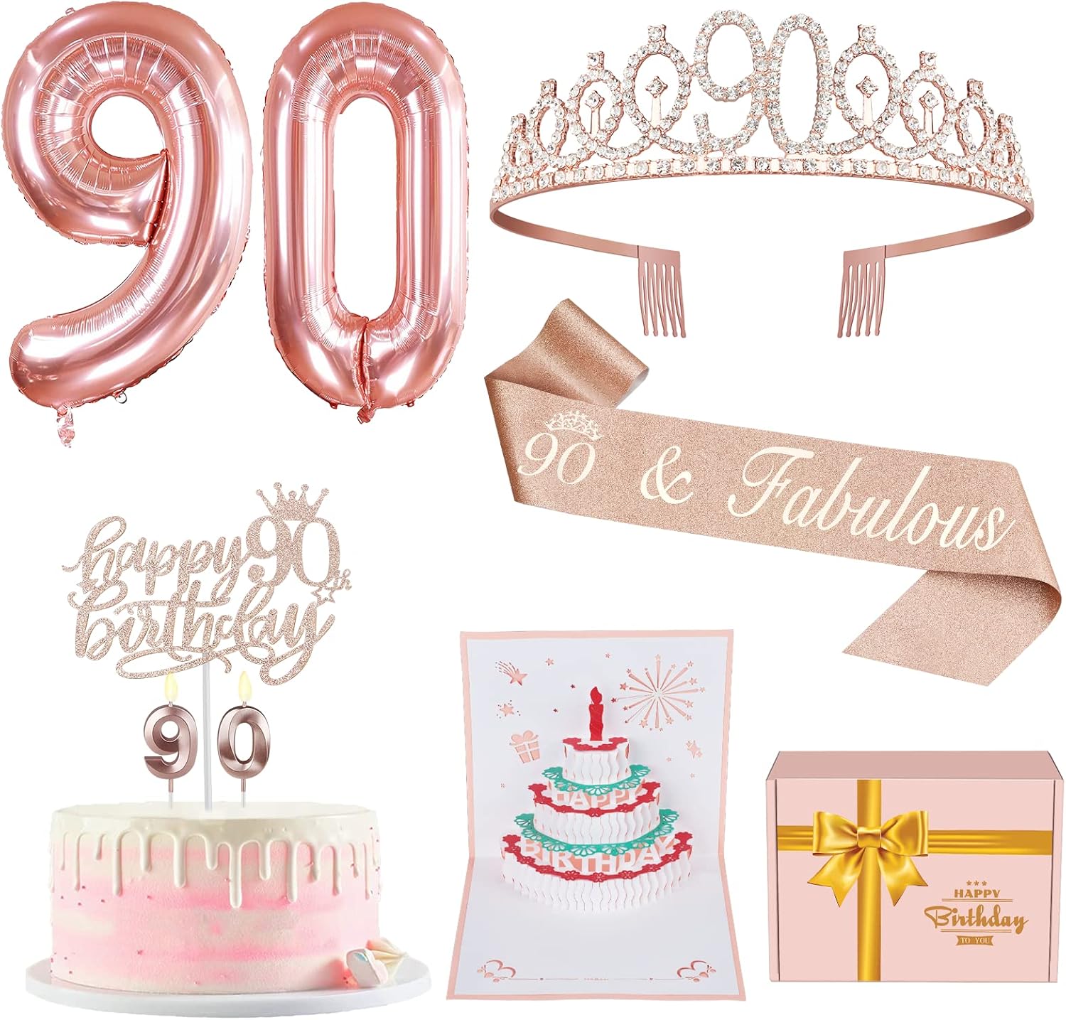 Candles & Holders - 90th Birthday Decorations For Women, Include 90th Birthday Sash and Tiara, Birthday Cake Topper and Number 90 Candles, Balloons, 3D Birthday Card, 90th Birthday Gifts Women