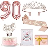90th Birthday Decorations for Women, Include 90th Birthday Sash and Tiara, Cake Topper and Candles, Number Balloons, 3D Pop Up Greeting Card, 90 Year Old Gifts Women