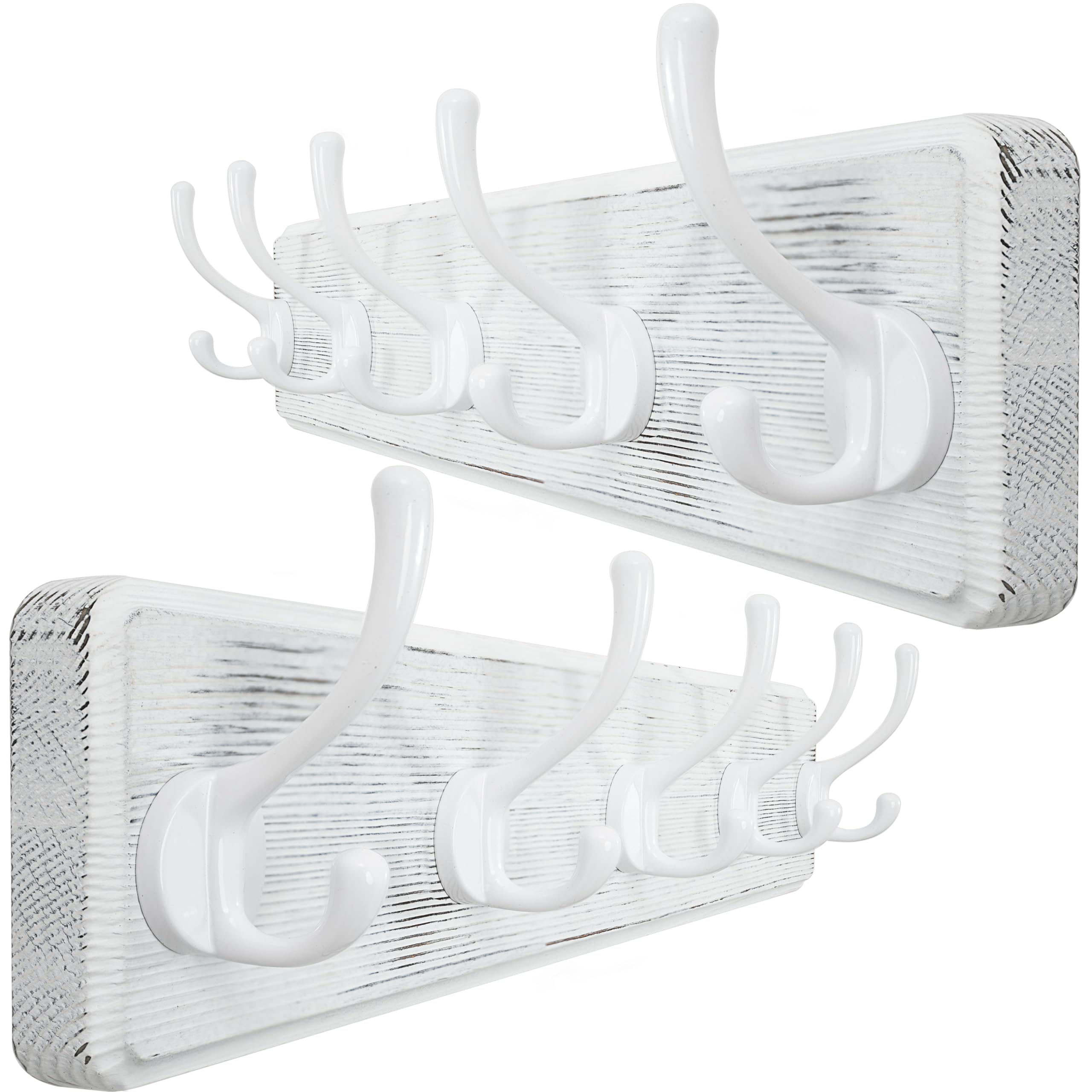 WEBI Coat Rack Wall Mount,Coat Hooks Wall Mounted,16" Hole to Hole,Large Coat Hanger Wall Hook Rack,5 Hooks for Hanging Clothes,Hats,Jacket,Rustic White,2 Packs