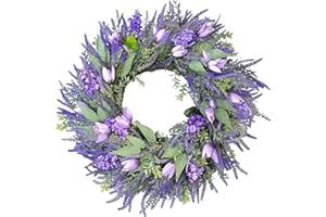 66 cm Large Flower Wreath Artificial Like Real - Purple Tulips & Lavender Door Wreath for Front Door - Realistic Spring Wreat