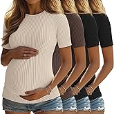 Sweetyweee 4 Pack Women's Maternity Shirts Ribbed Knit Short Sleeve Pregnancy Tops Crew Neck Tunic Tees Casual Summer Clothes
