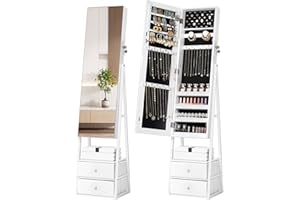 Nicetree LED Jewelry Cabinet Armoire with 2 Drawers, Lockable Standing Mirror Jewelry Cabinet, Full Length Mirror with Jewelry Storage, Christmas Gifts, White