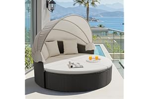 Devoko Patio Furniture Outdoor Round Daybed with Retractable Canopy Wicker Rattan Separated Seating Sectional Sofa for Patio Lawn Garden Backyard Porch