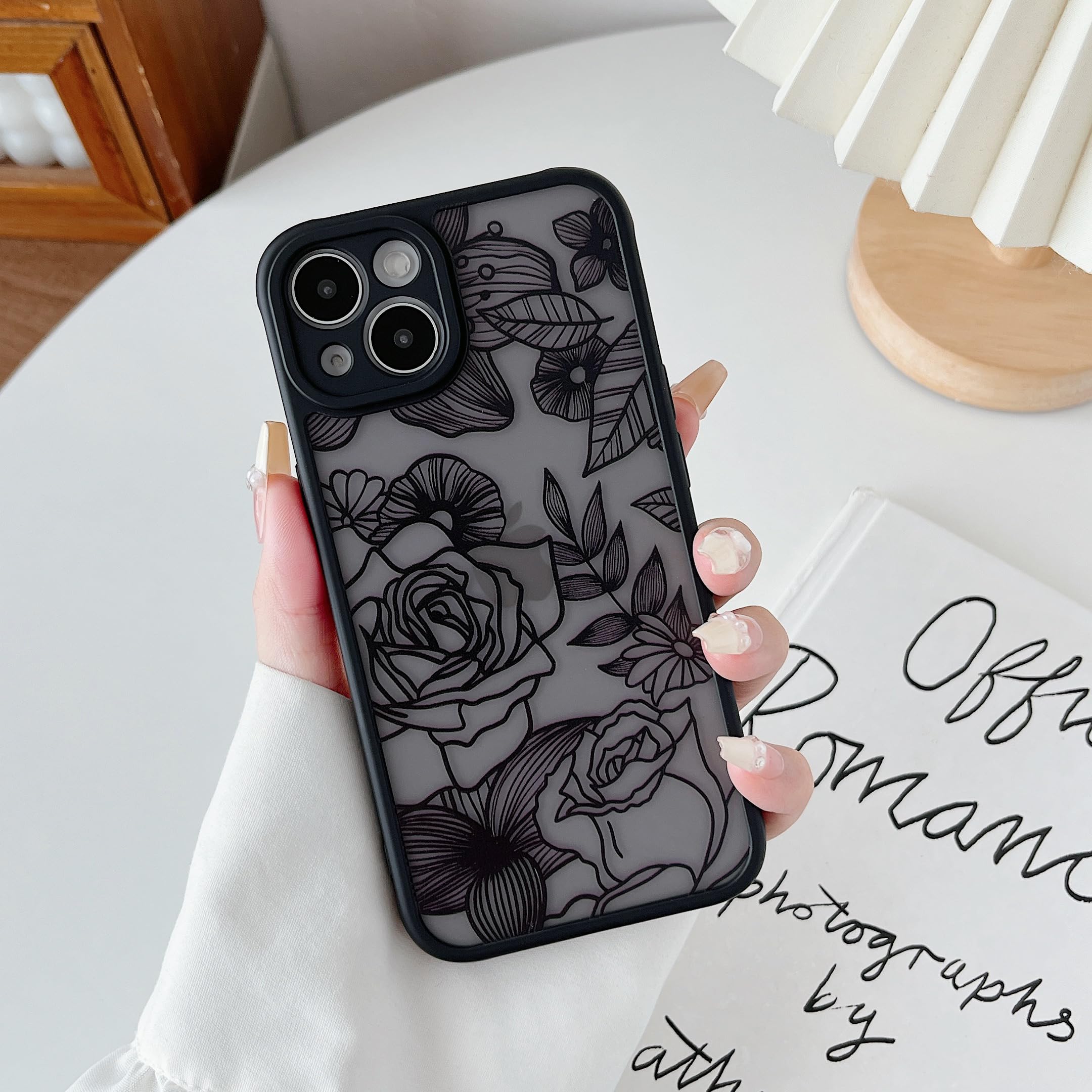 XIZYO Case for iPhone 13 6.1 Inch, Cute Frosted Translucent Rose Floral Flower Pattern Shockproof Cover, for Girls Women Luxury Soft TPU Protective Phone Case, Black