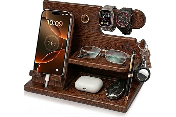 TESLYAR Wood Phone Docking Station - Gifts for Men - Desk or Nightstand Organizer - Birthday Gift for Husband, Dad - Annivers
