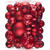 JORNOY 47CT Christmas Tree Balls Ornaments, Red | Shatterproof Plastic Assorted Decorative Baubles, Hanging Xmas Tree Decor with Lanyard for Holiday, Home, Party Decorations