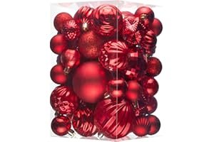 JORNOY Christmas Tree Ornaments Set, 47 Pack Assorted Shatterproof Hanging Balls Decorations, Plastic Bulbs Bulk with Lanyard for Home Holiday Party Decor, 3-Sizes (Red)