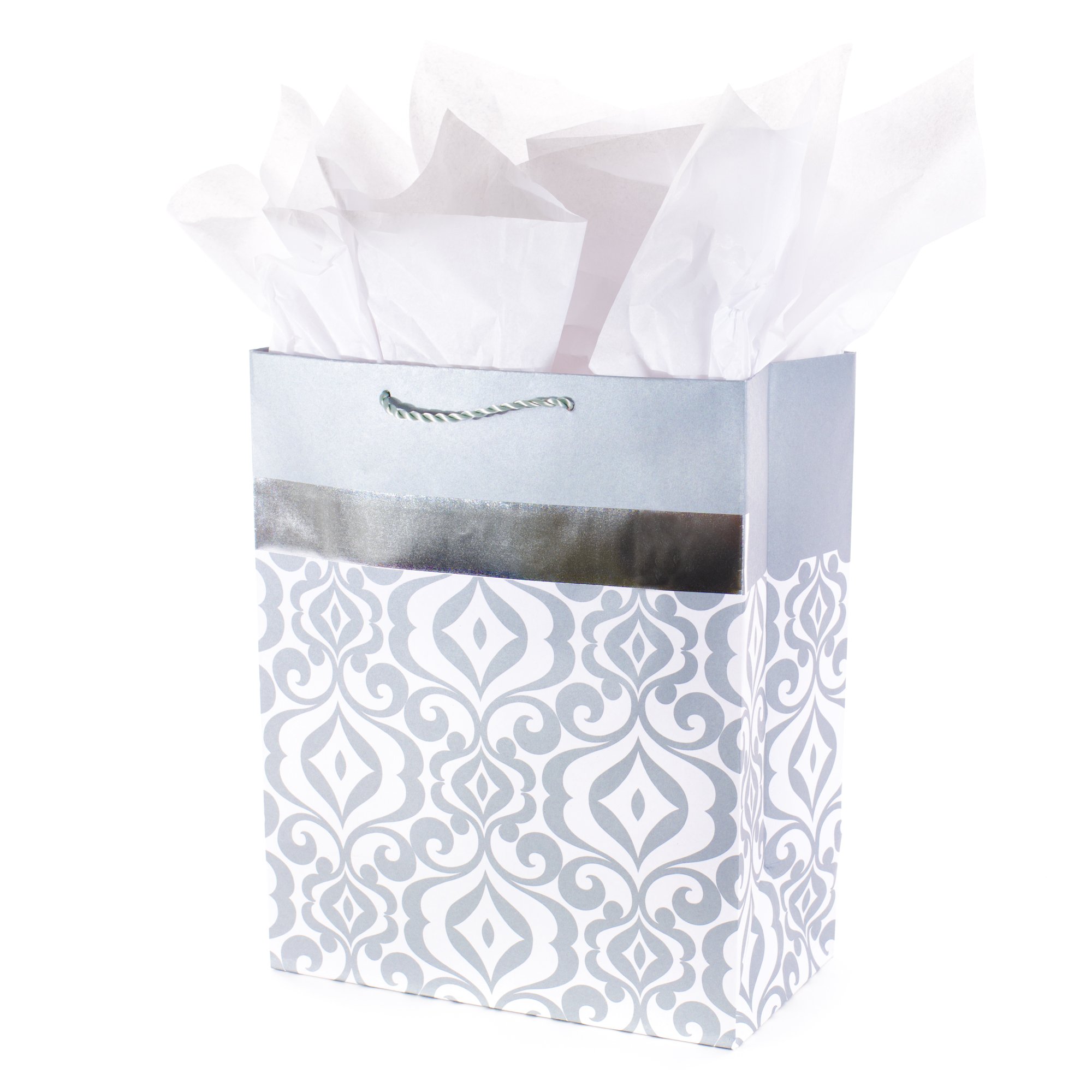 Hallmark 13" Large Gift Bag with Tissue Paper (Silver Damask) for Christmas, Weddings, Engagements, Bridal Showers, Holidays and More