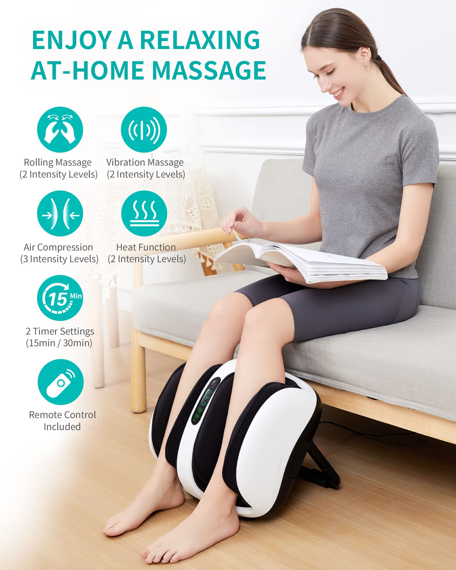Nekteck Foot Shiatsu Massager, Calf Massage with Heat Therapy, Deep Kneading, Vibration, Compression Leg Massager for Home and Office Use White (Remote Control)
