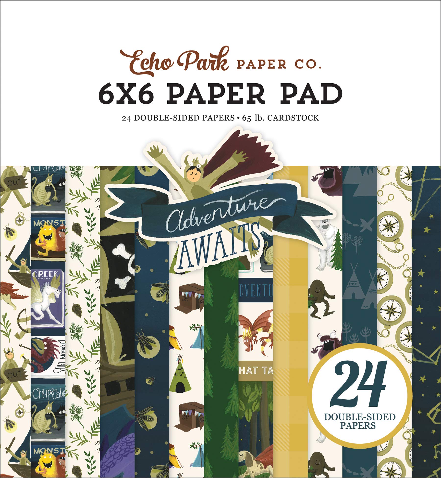Echo Park Paper Company Adventure Awaits 6x6 Pad Paper, 6-x-6-Inch, Blue/Green/Tan/Red/Gold
