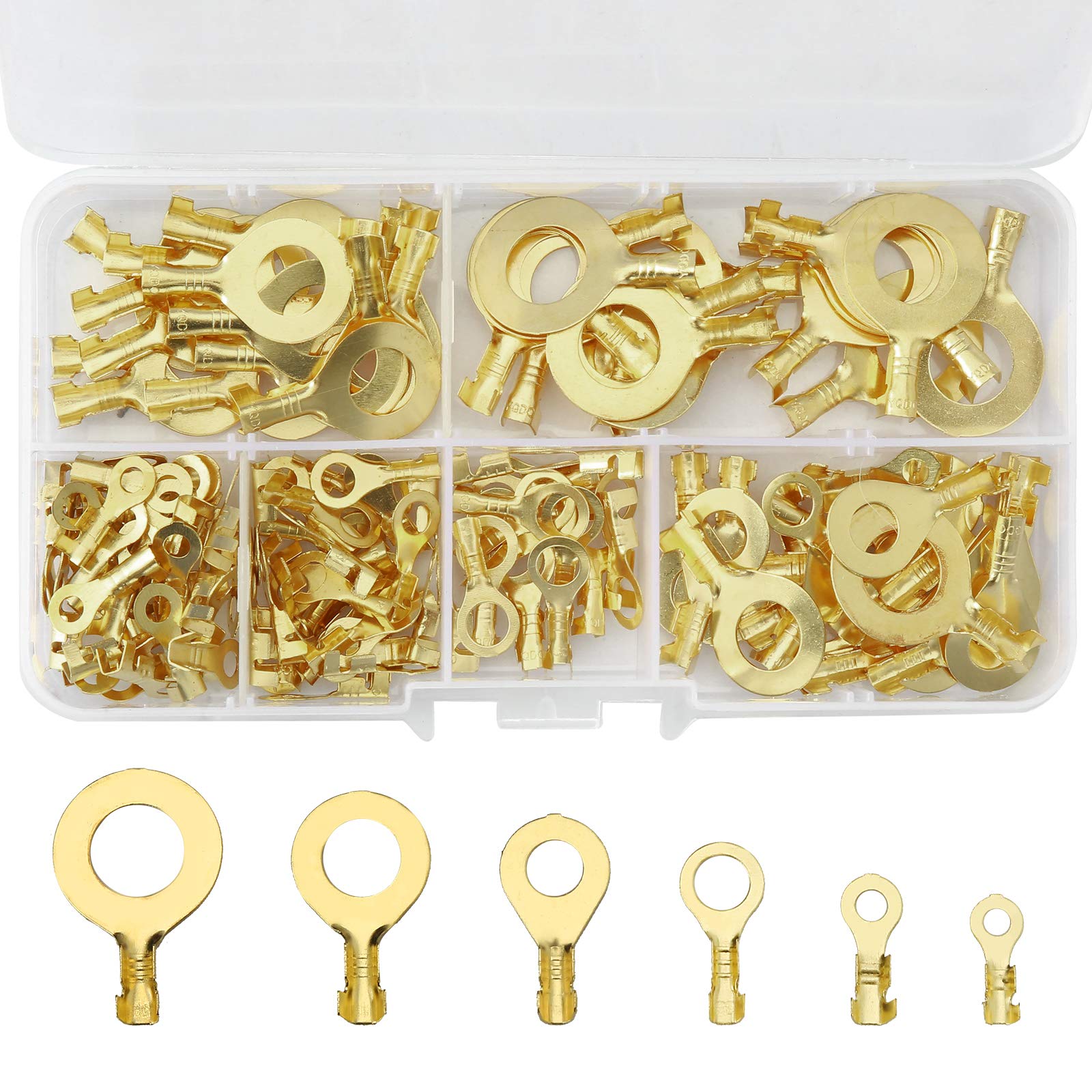 150 PCS Ring Lug Terminals, JatilEr Brass Crimp Cable Connectors Open Barrel Copper Connectors Electrical Cable Lugs Wire Terminals Assortment Kit M3 M4 M5 M6 M8 M10