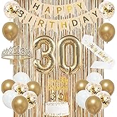 Trgowaul 30th Birthday Decorations for Women, Banner, Sash and Crown, Cake Topper, 30 Number Balloon, Fringe Curtains, Champagne Gold 30th Birthday Party Supplies