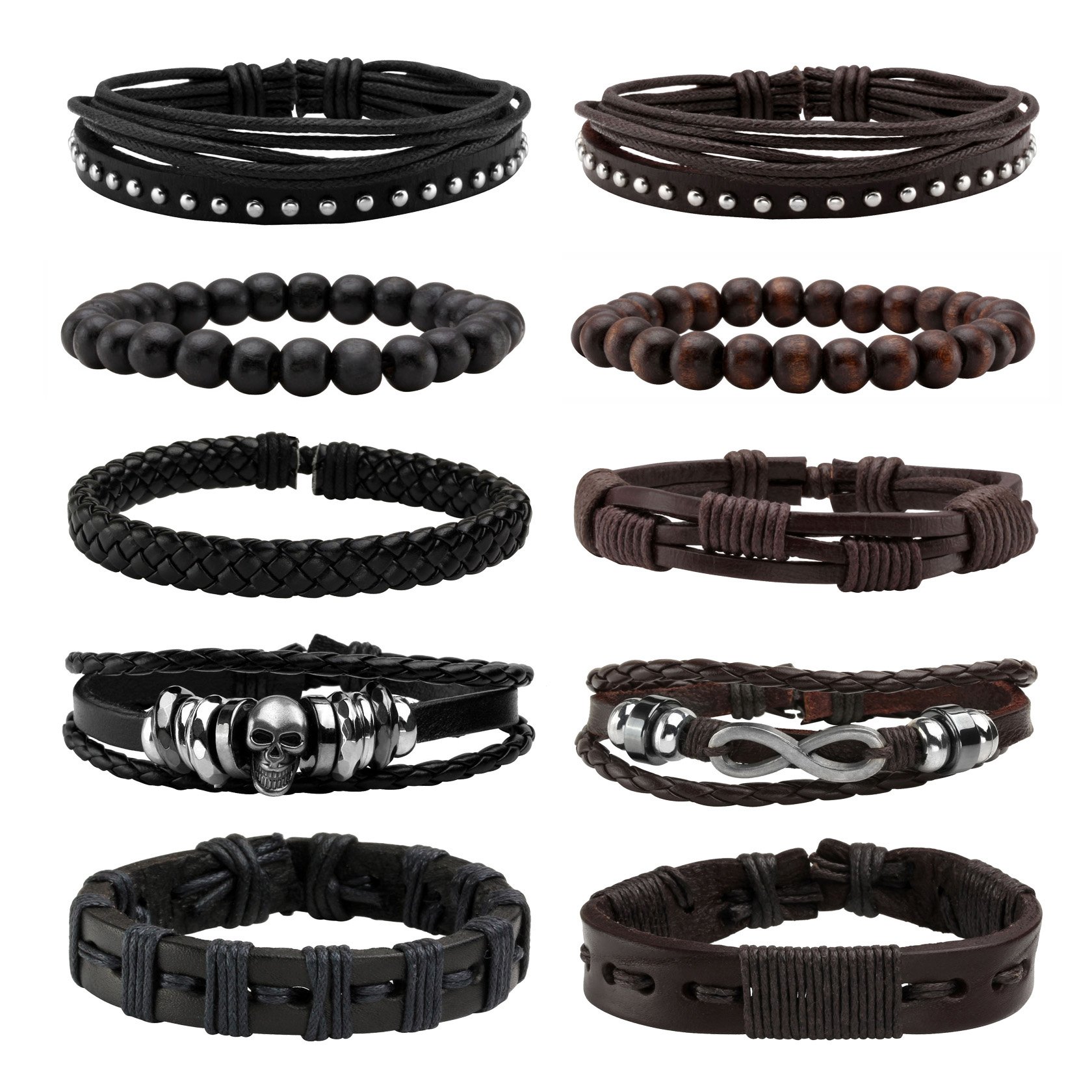 MILAKOO 10Pcs Women Men Black Braided Leather Bracelet with Punk Skull Decor