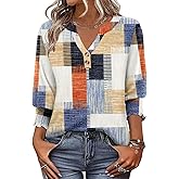 Hount 3/4 Sleeve Shirts for Women Dressy Casual Button V Neck Tops 2026 Summer Work Blouses Cute Henley Shirts
