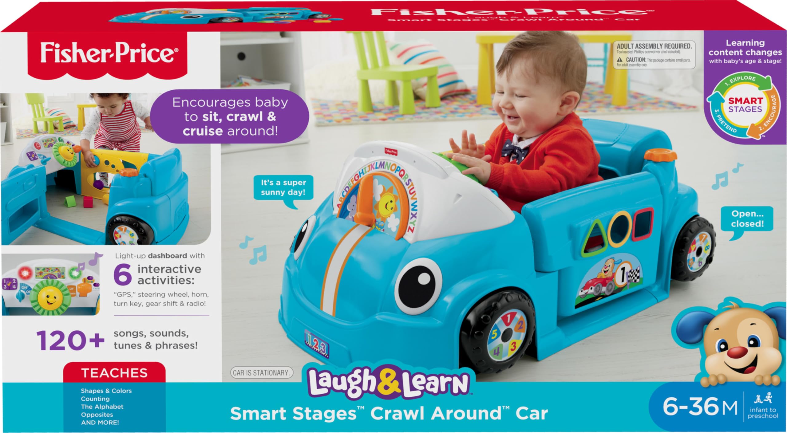 Fisher-Price Baby Learning Toy Laugh & Learn Crawl Around Car Activity Center with Smart Stages for Infants Ages 6+ Months, Blue