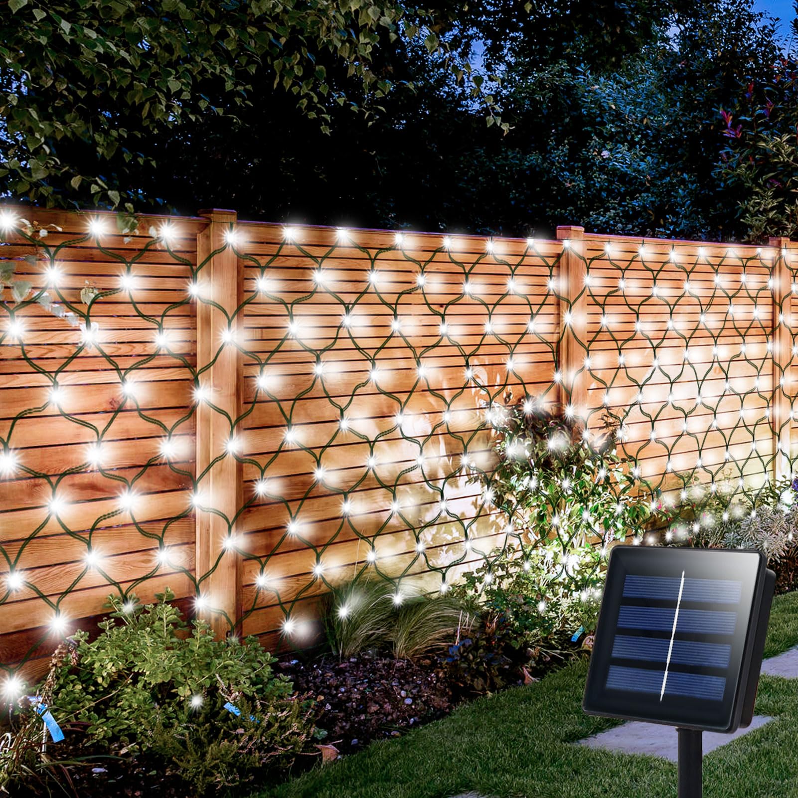 Photo 1 of echosari Solar Net Lights Outdoor, 100 LED 5Ft x 5Ft Bush Net Light Outdoor Mesh Lights Auto On/Off 8 Modes for Tree Fence Wall Roof Backyard Bush Decor (Cool White)