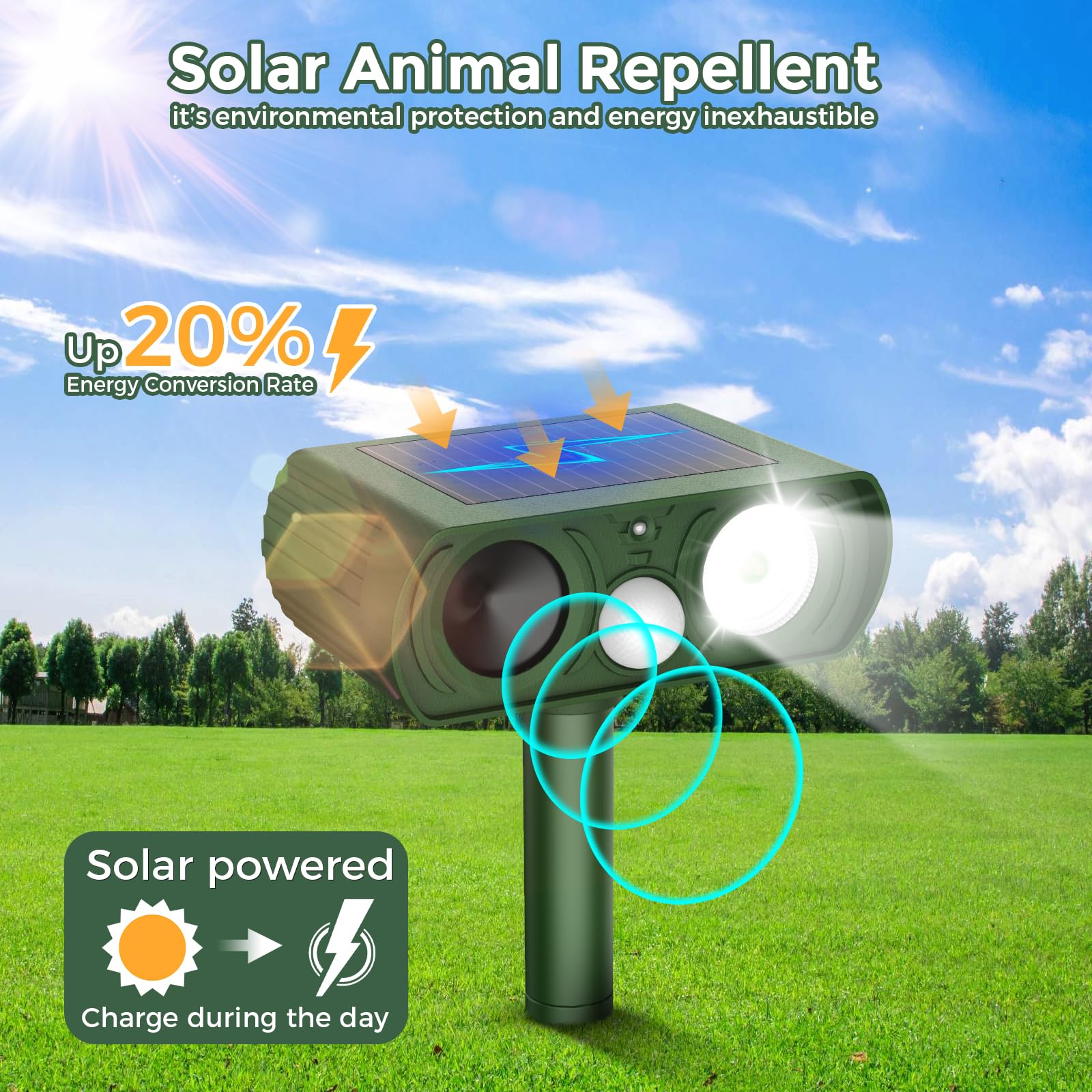 Photo 1 of 2PACK Solar Ultrasonic Animal Repellent Outdoor, Deer Repellent Devices Squirrel Cat Raccoon Rabbit Dog Deterrent, Keep Rodent Chipmunk Away Motion Detection with Flash Light for Yard Garden Lawn