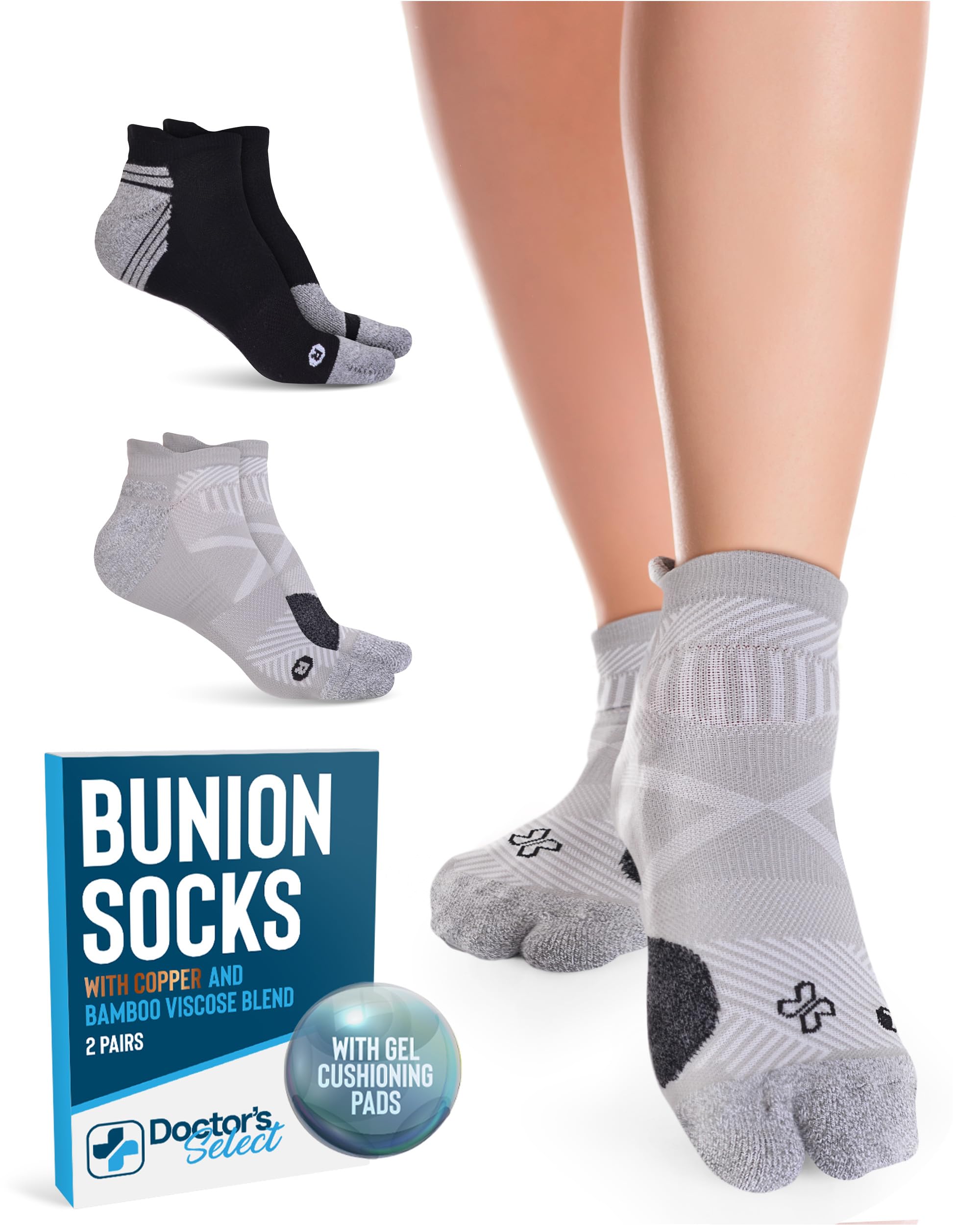 Photo 1 of Doctor's Select 2 Pairs Bunion Socks for Women and Men - Copper & Bamboo Viscose Infused Bunion Relief Socks with Toe Separator | Black & Gray