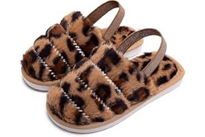TECHCITY Kids Fluffy Fuzzy Slippers Open Toe House Home Slippers for Boys and Girls Faux Fur Slides with Strap Little Kids Slip-on Shoes